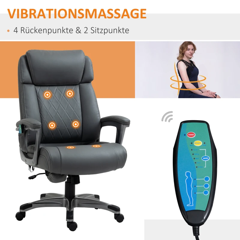 Vinsetto Massage-Bürostuhl 6-Punkt-Massage-Drehstuhl ergonomischer Stuhl Einstellbare aus Kunstleder mit gewölbter Kopfstütze und Armlehne Grau 70 x 76,5 x 114-124 cm