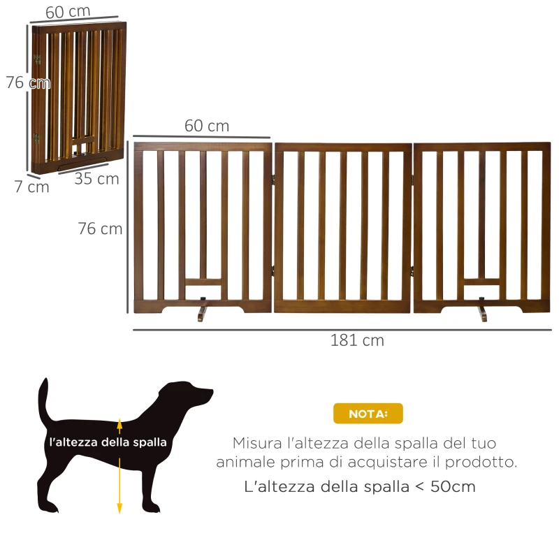 PawHut Cancellino per Cani Pieghevole a 3 Pannelli con Piedini Antiscivolo per Corridoi, Scale e Stanze, in Legno di Pino, 181x35x76 cm, Marrone Scuro