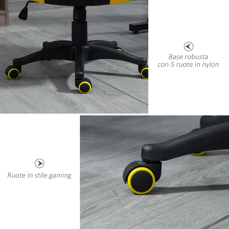 Vinsetto Sedia Gaming Ergonomica, Poltrona da Ufficio Girevole con Rotelle in Similpelle Nera e Gialla, Altezza Regolabile