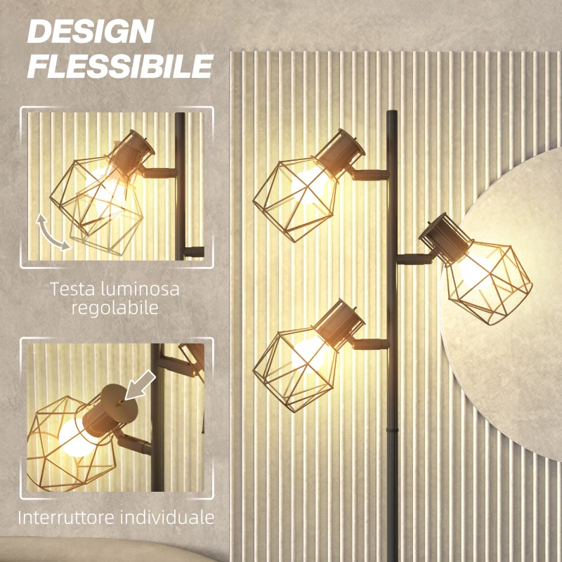 HOMCOM Lampada da Terra 40W con 3 Luci Regolabili e Interruttore a Manopola, in Metallo, 41x28x169 cm, Nero