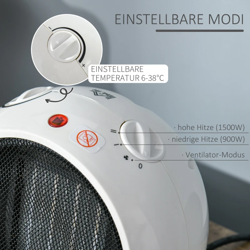 HOMCOM Heizlüfter Heizgerät Elektroheizer Heizer Heizung Wärme 900W/1500W Kunststoff Weiß+Schwarz 22 x 18,5 x 21 cm