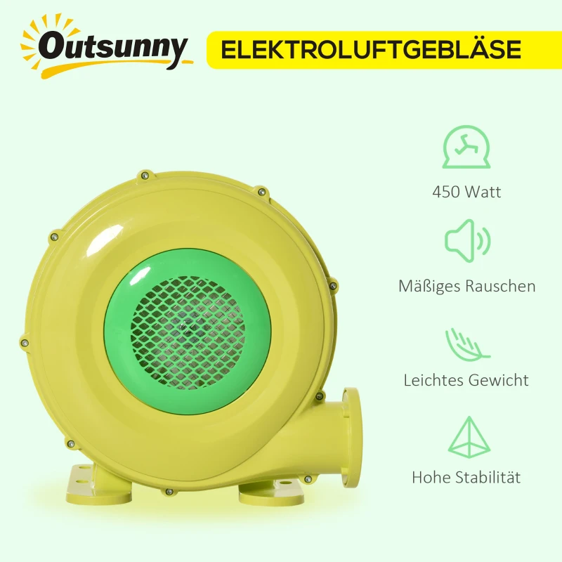 Outsunny 450W elektrische Luftpumpe Hüpfburg Gebläsepumpe Ventilator mit Griff Dauergebläse leichtgewichtig tragbar für aufblasbare Spielzeuge ABS Gelb+Grün 35 x 26 x 33,5 cm
