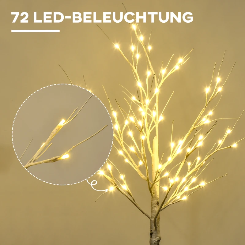 HOMCOM Kunstbaum, Kunstbirke, mit LED-Beleuchtung, warmweiß, realistische, weiße Rinde, 17L x 17B x 120H cm