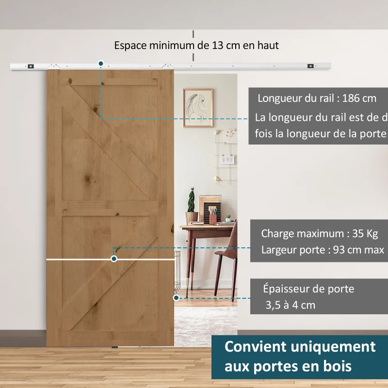 HOMCOM Kit complet porte coulissante 4 x 93 cm (p x l): rail, roulettes, visserie