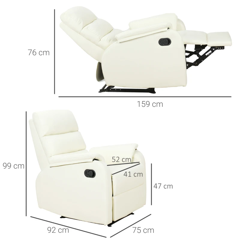 HOMCOM Poltrona Relax per Interni, Reclinabile Manualmente con Cuscino Imbottito, in Pelle PU e Acciaio, 75x92x99 cm, Crema