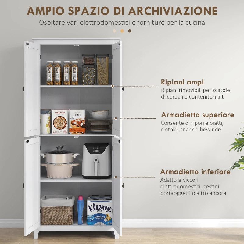 HOMCOM Mobile Cucina a 4 Ante con Mensole Regolabili e Base Rialzata in Legno, 80x40x182cm, Bianco