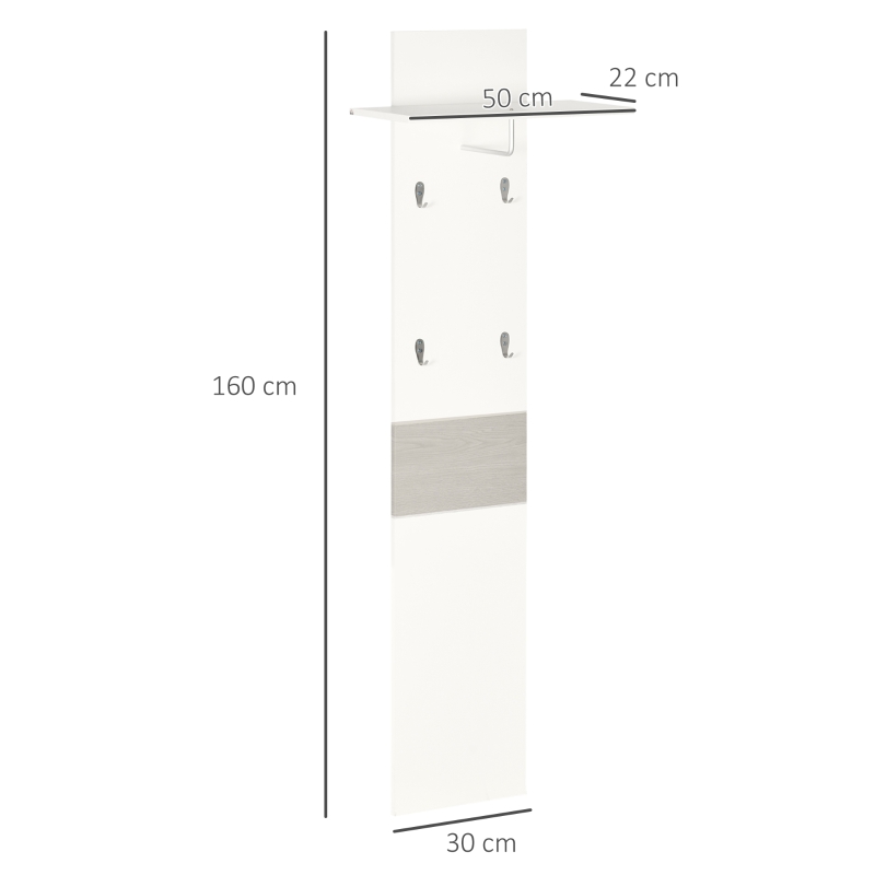HOMCOM Perchero de Pared con 4 Ganchos y Estante con Barra de Aluminio para Entrada Pasillo 50x23,5x160 cm Blanco