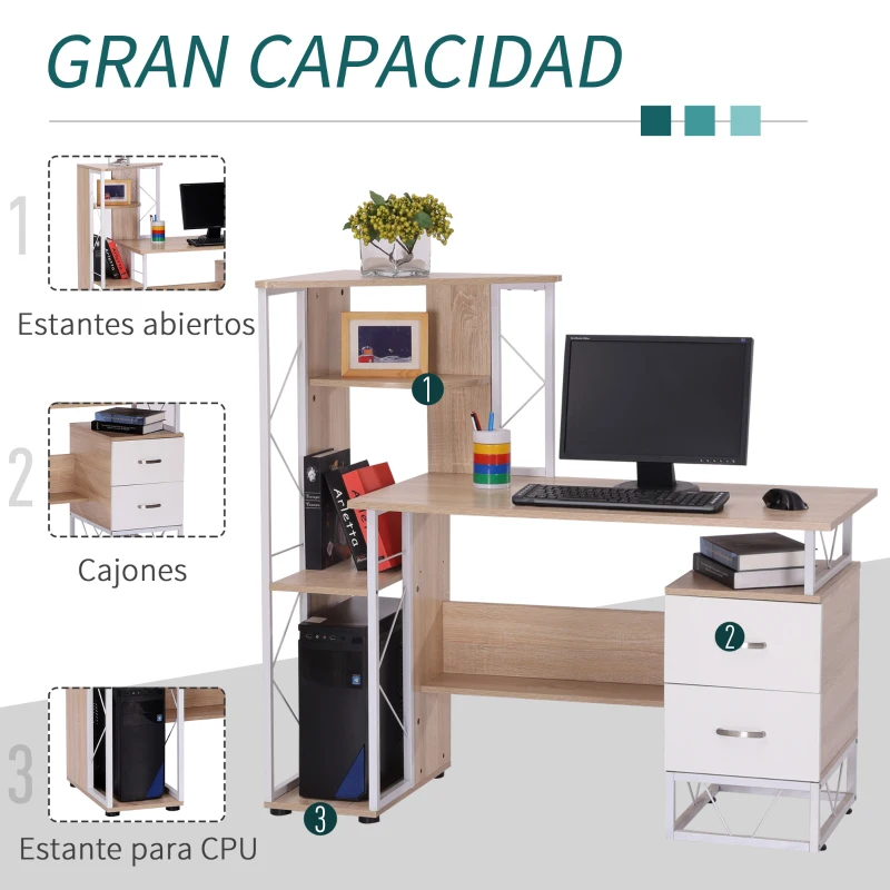 HOMCOM Escritorio con Estantería Librería Mesa de Ordenador PC con Superficie de 110 cm 2 Cajones y Múltiples Estantes para Oficina Estudio Despacho 133x55x123 cm Roble