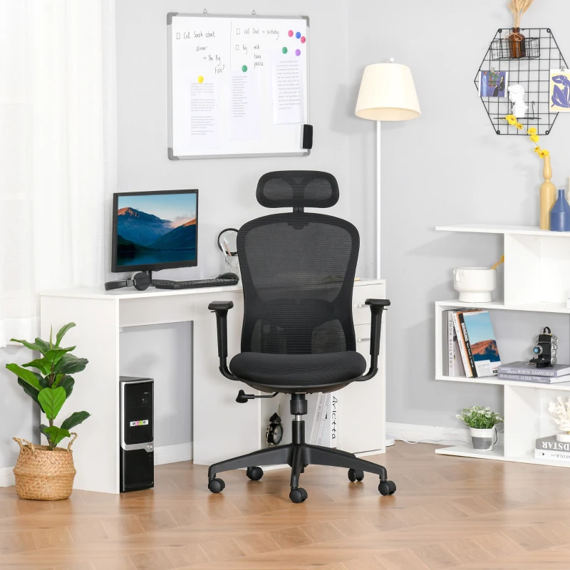 Vinsetto Bürostuhl mit Wippenfunktion Kopflehne Home-Office-Stuhl höhenverstellbarer Schreibtischstuhl ergonomisch 360°-Drehräder Schaumstoff Nylon Schwarz 64 x 64 x 100-109,5 cm