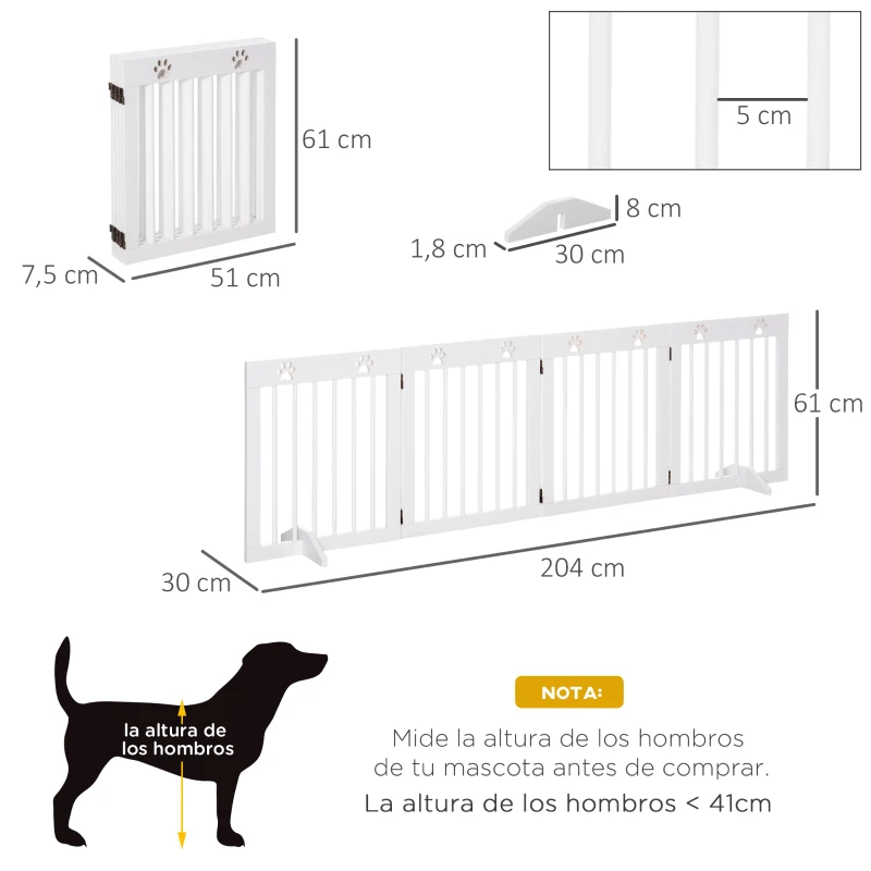 PawHut Barrera para Perros Plegable de 4 Paneles 204x61 cm Barrera de Seguridad para Perros con Estructura de Madera y Patas de Apoyo para Pasillo Escalera Blanco