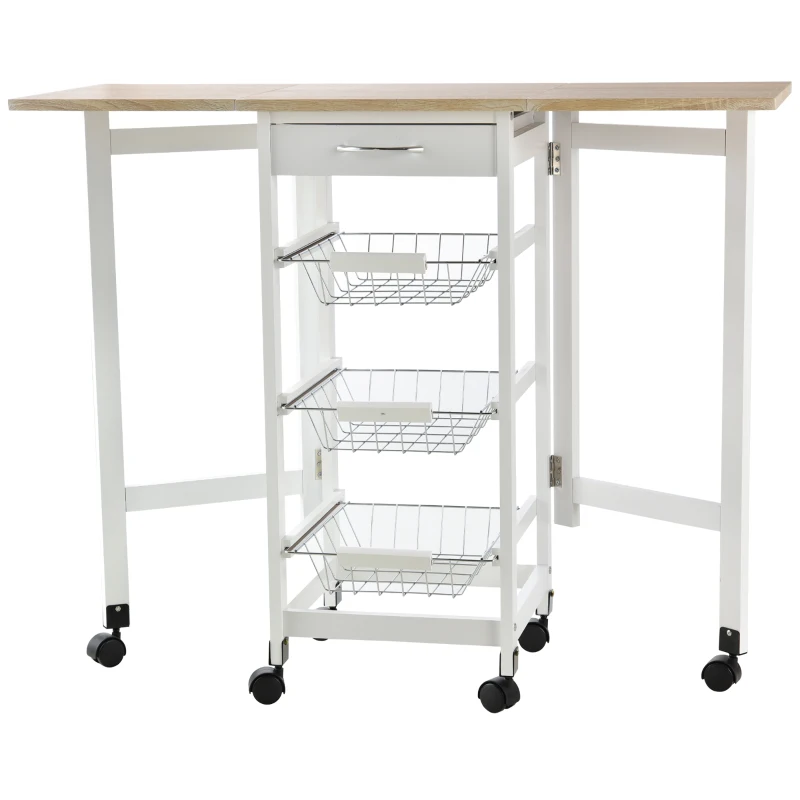 HOMCOM Carrito Auxiliar Plegable Carrito de Cocina con 6 Ruedas 1 Cajón y 3 Cesta de Metal 97,2x37x77,5 cm Blanco y Roble(m-10)