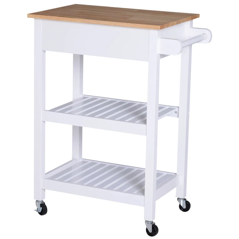 HOMCOM Carrello da Cucina Salvaspazio 2 Ripiani 1 Cassetto 1 Portasciugamani 4 Rotelle, Legno, Bianco, 64x39x84.5cm