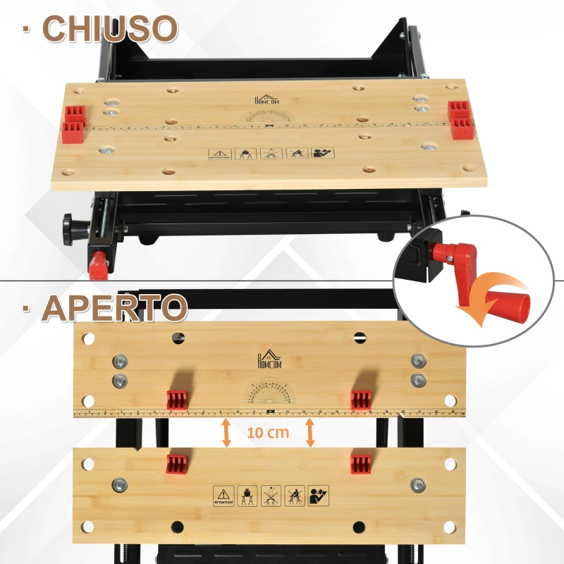 HOMCOM Banco da Lavoro Pieghevole con Altezza Regolabile, 4 Morsetti e Fori per Utensili, in Metallo e Bambù, 68x60x21-78cm, Nero