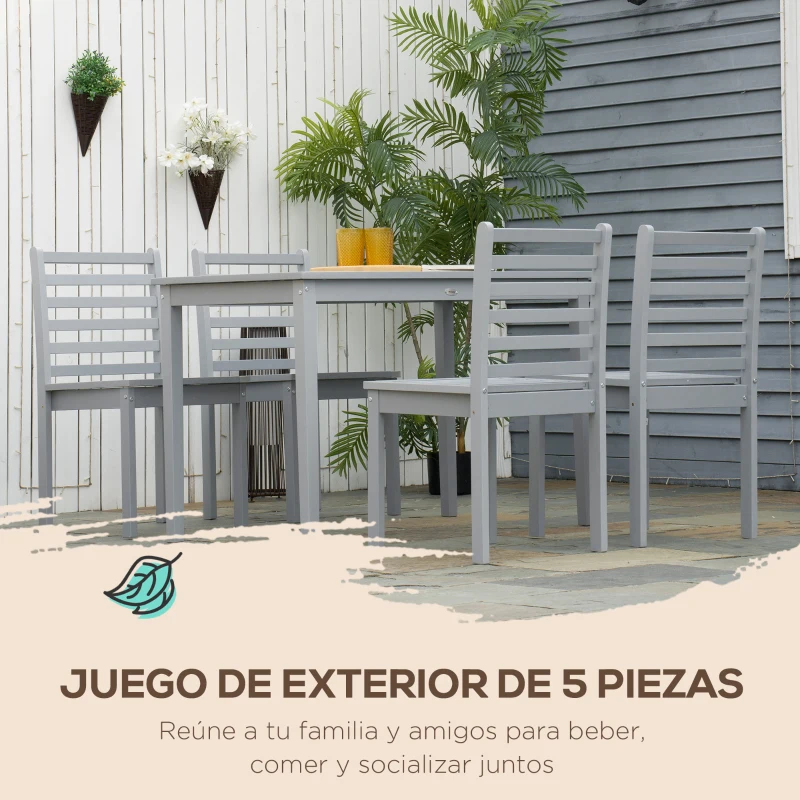 Outsunny Conjunto de Muebles de Jardín de Madera 5 Piezas Juego de Mesa y 4 Sillas Decoración para Terraza Patio Balcón Gris
