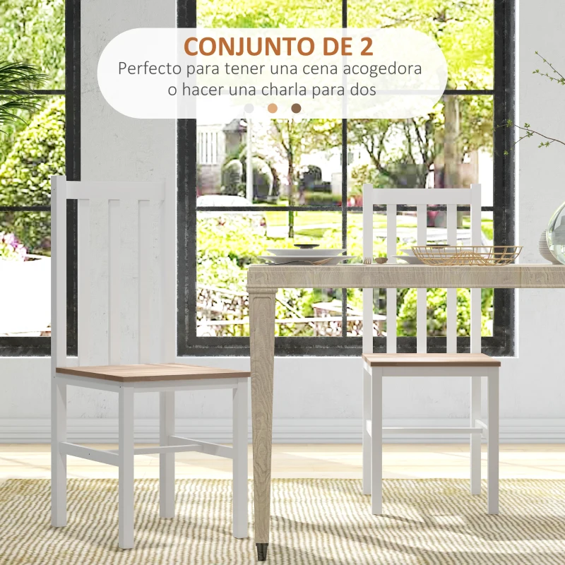 HOMCOM Juego de 2 Sillas de Comedor y Cocina con Respaldo de Listones Estructura de Madera de Pino 38,5x47,5x99 cm Blanco