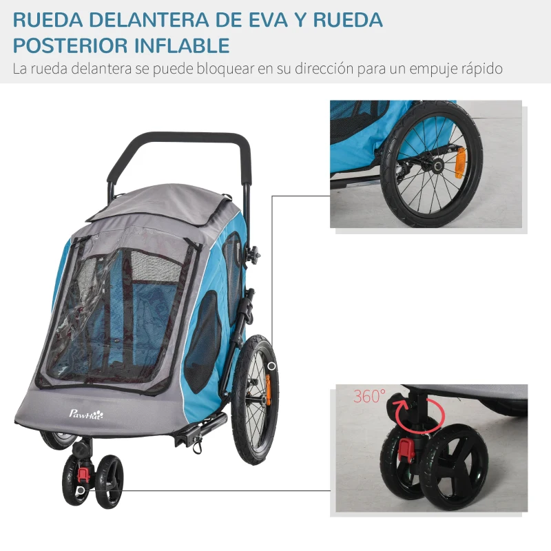 PawHut Cochecito para Perros Carro para Mascotas Plegable 2 en 1 con Manillar Rueda Delantera Giratoria 360° Enganche Retráctil Tela Oxford Carga 30 kg 140x71x105 cm Azul Gris