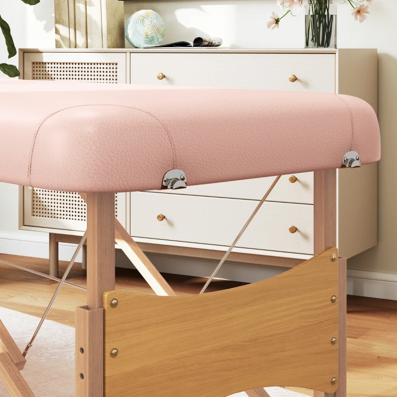 HOMCOM Camilla de Masaje Plegable con Reposacabezas Extraíble Asa Marco de Madera y Altura Regulable 210x81x67-92 cm Rosa