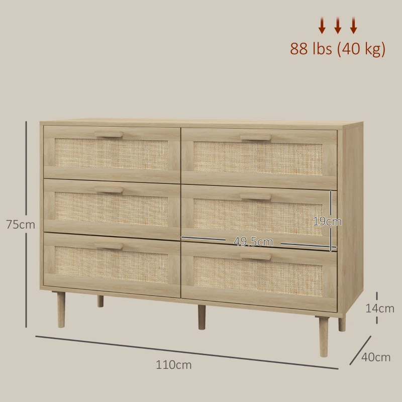 HOMCOM Cassettiera 6 Cassetti in Legno e Rattan Stile Boho per Soggiorno e Camera da Letto, 110x40x75 cm