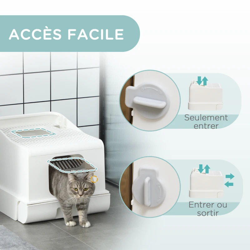 PawHut Maison de toilette pour chat 2 portes avec pelle et bac amovible - roulettes et poignée - PE blanc