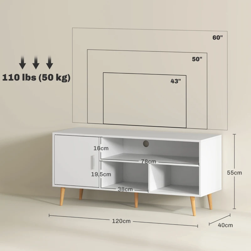 HOMCOM Mueble de TV para Televisores de hasta 60" Mesa para TV de Salón Comedor Moderna con Armario y 3 Compartimentos 120x40x55 cm Blanco