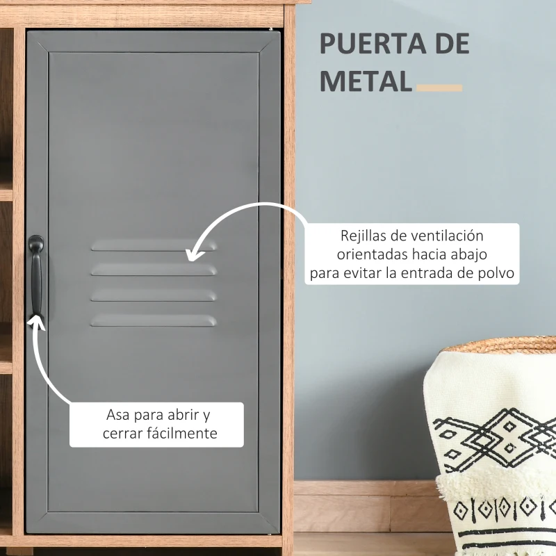 HOMCOM Aparador con Puerta de Metal Mueble Auxiliar con 3 Estantes Abiertos y Armario con Puerta y Balda Ajustable para Salón Cocina 80x35x82 cm Madera Natural