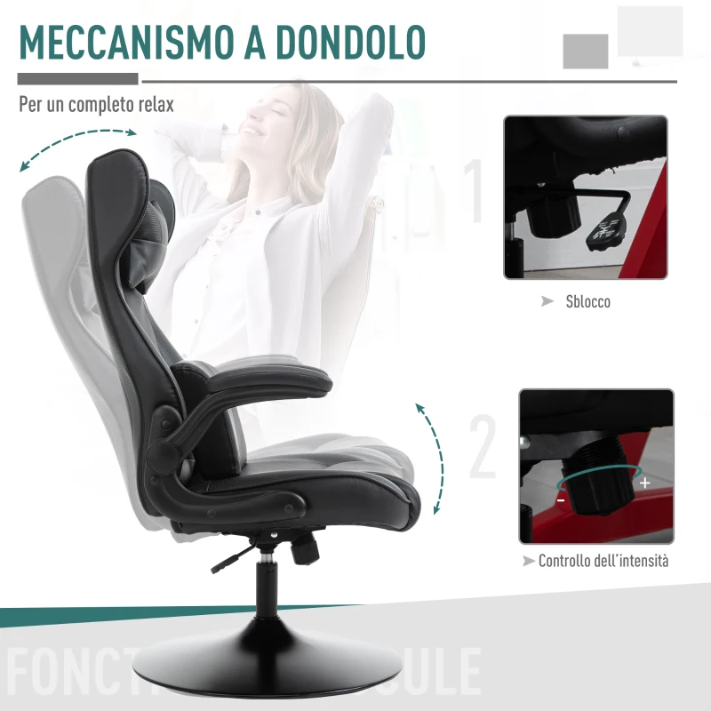 Vinsetto Sedia da Gaming Ergonomica ad Altezza Regolabile, in Finta Pelle e Metallo, 67x71x106-112 cm, Nero