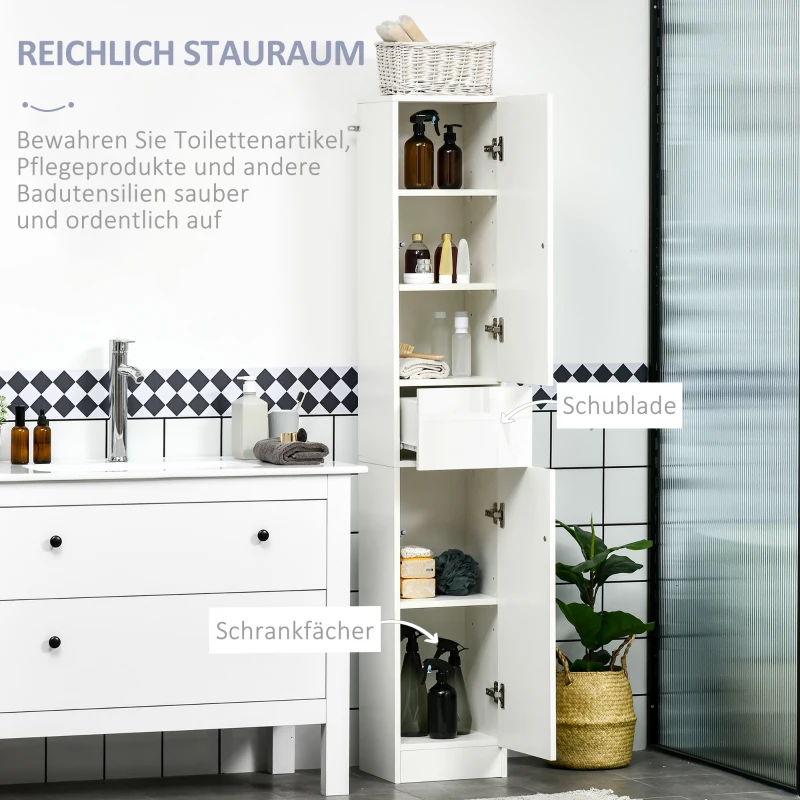 kleankin Badezimmerschrank, 5 Fächer, 1 Schublade, versetzbare Einlegeböden, Hochglanz, weiß, 30 x 28 x 170cm