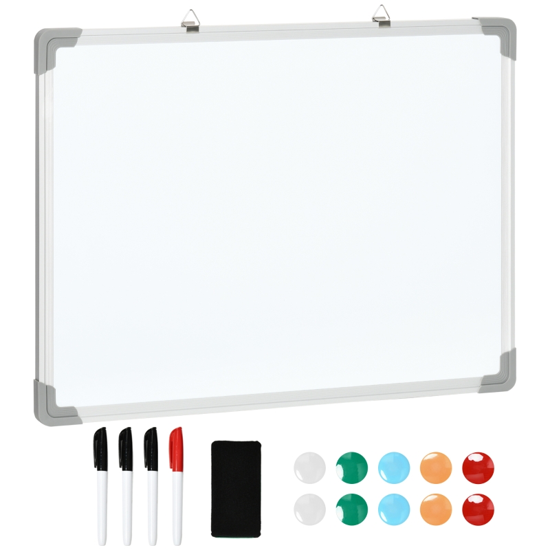 HOMCOM Pizarra Blanca Magnética Pizarra de Borrado en Seco con Borrador 4 Rotuladores y 10 Imanes 60x45 cm Blanco