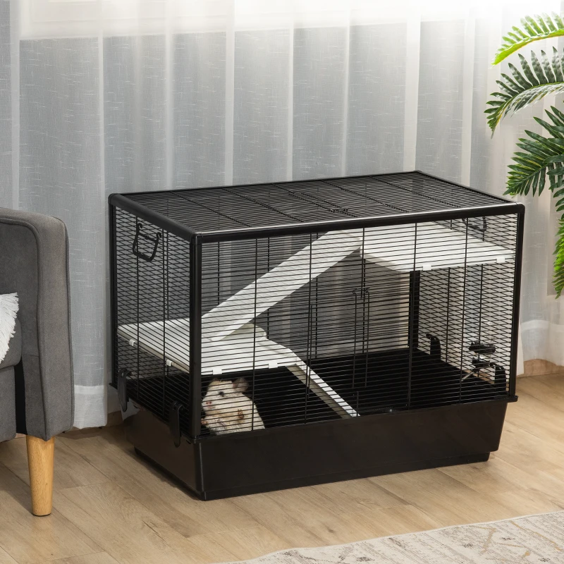 PawHut Jaula Pequeña para Roedores 80x48x58 cm Jaula para Hámster con 2 Puertas 2 Rampas 2 Plataformas Comedero y 2 Asas Portátil para Cobayas Ratoncillos Negro