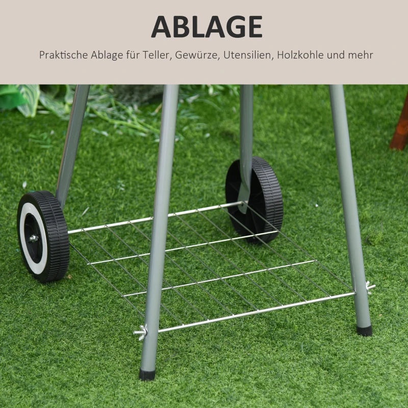 Outsunny Holzkohlegrill Grillwagen Kugelgrill auf Rollen Ablage mit Deckel BBQ Metall Rot 48 x 52,5 x 79,5cm