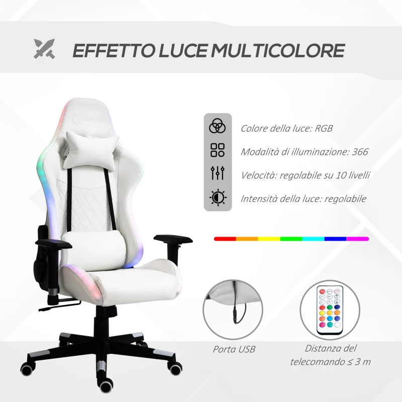 Vinsetto Sedia da Gaming Luminosa, Poltrona Gaming PC con Luci a LED, Poltrona Ufficio Altezza Regolabile in Similpelle Bianca