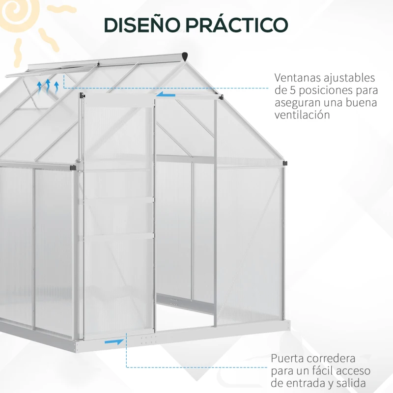 Outsunny Invernadero Policarbonato Aluminio de Jardín 190x253x199 cm 4,8m² Caseta de Exterior con Base Puerta Corredera y Tragaluce para Cultivo Plantas Semillas Transparente