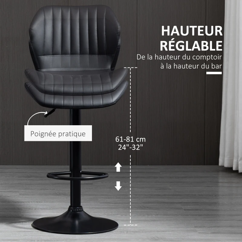 HOMCOM Lot de 2 tabourets de bar design contemporain hauteur réglable et pivotant - revêtement synthétique - pied métal noir