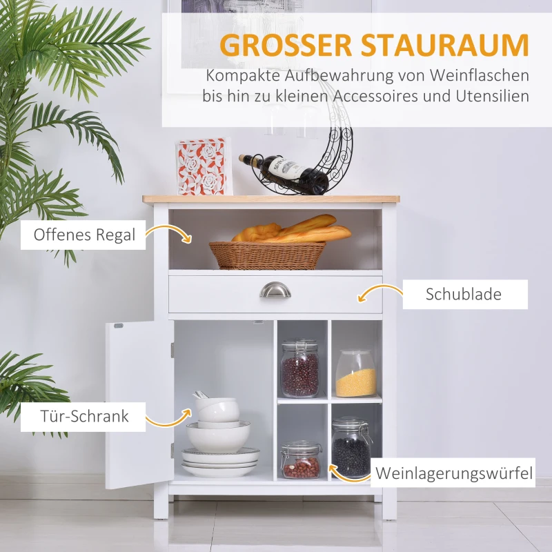 HOMCOM Küchenschrank, Weinschrank, Beistellschrank mit Schublade und Weinregal, Kommode, Sideboard für Küche, Wohnzimmer, Badezimmerschrank, Weiß, 70 x 45 x 88 cm