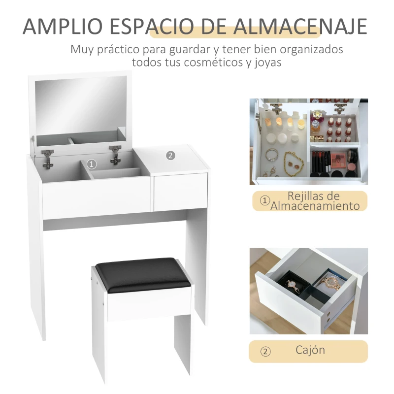 HOMCOM Tocador de Maquillaje con Taburete Mesa de Maquillaje con Espejo Tapa Abatible y Cajas 80x40x79 cm y 40x30x40 cm