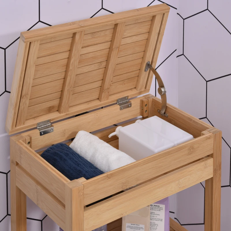 HOMCOM Badregal, Badzimmerregal mit Klappdeckel, Badezimmer Standregal mit 2 Ablagen, Bambus, Natur, 46 x 29,5 x 76,5 cm