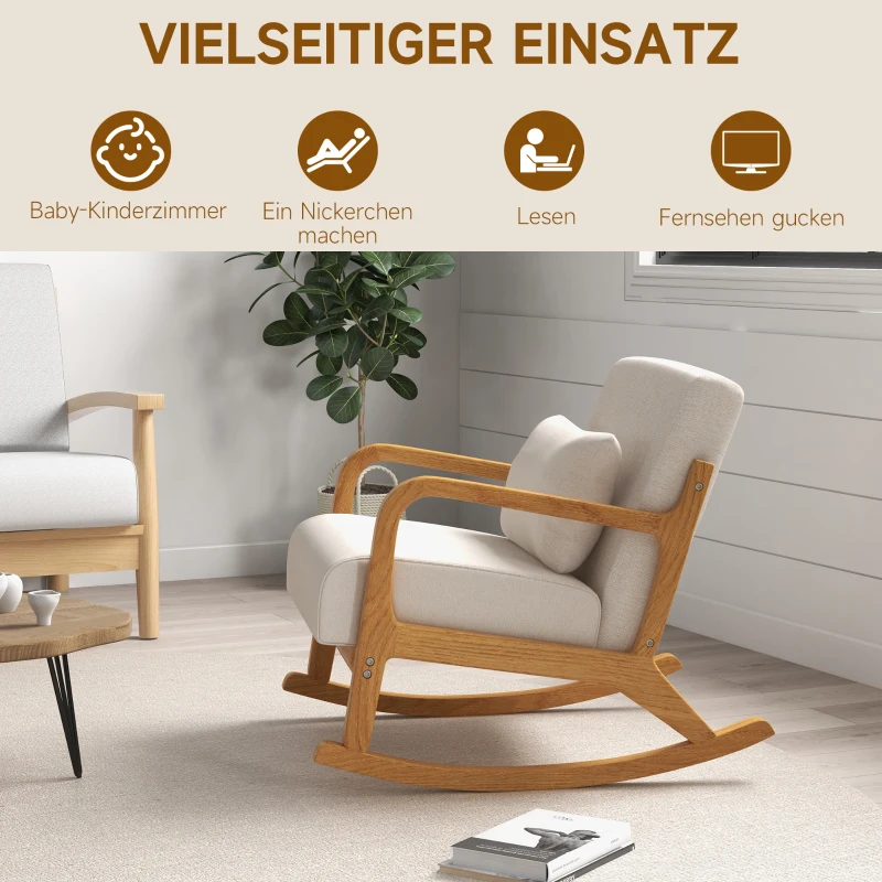HOMCOM Schaukelstuhl im Retrodesign, Gummibaumholz, 64,5 cm x 92 cm x 81, 5 cm, Beige + Braun