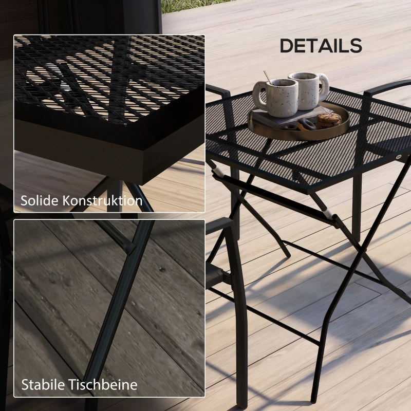 Outsunny Terrassentisch mit Gitter-Tischplatte, quadratisch, klappbar, rostfreier Stahl, 80x80x74cm, Schwarz