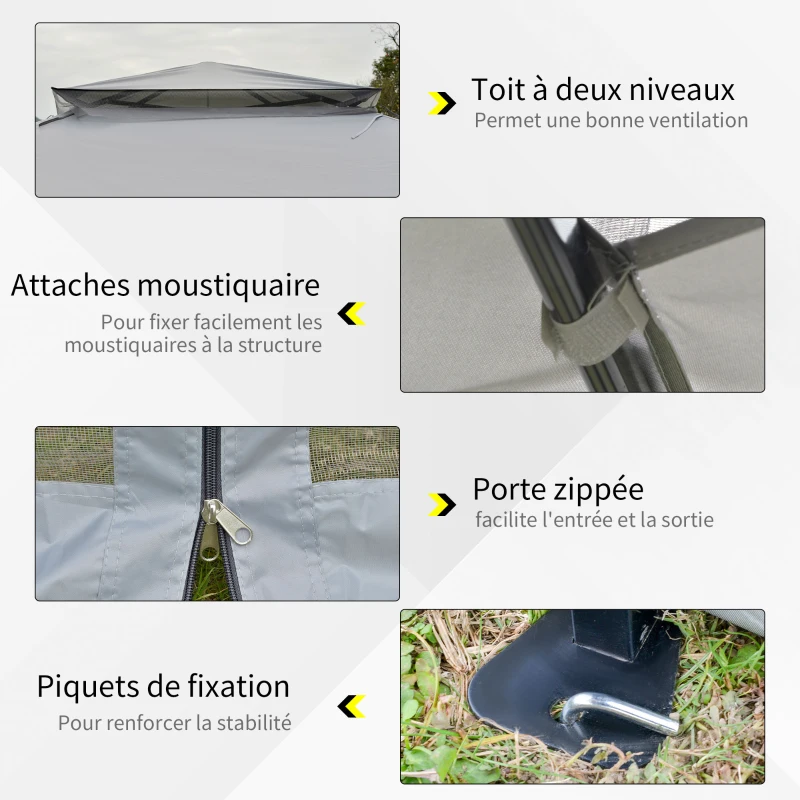 Outsunny Tonnelle barnum de jardin pop-up pliant 4 x 4 m acier polyester moustiquaires + sac de transport à roulettes gris