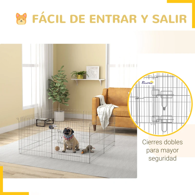 PawHut Vallas para Perros Plegables de 8 Piezas 63x60 cm con 1 Puerta y Marco de Acero para Jardín Patio Plata
