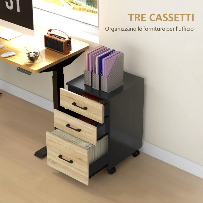 HOMCOM Cassettiera Ufficio con 3 Cassetti e Ruote, Portadocumenti con Barre Regolabili, Rovere e Nero