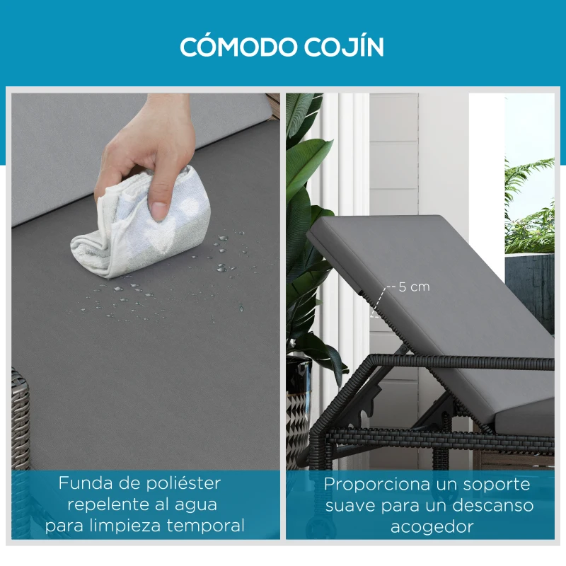 Outsunny Tumbona de Ratán Sintético con Respaldo Ajustable en 5 Posiciones Cojín y Ruedas  73x200x48 cm Gris Claro y Negro
