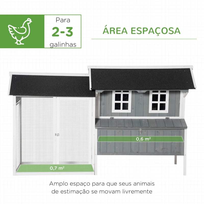 PawHut Gallinero de Madera Exterior Jaula para 2-3 Gallinas con Corral de Alambre Nido Techo Asfáltico Bandeja Extraíble 2 Perchas y Rampa 209,5x96x123 cm Gris Azulado
