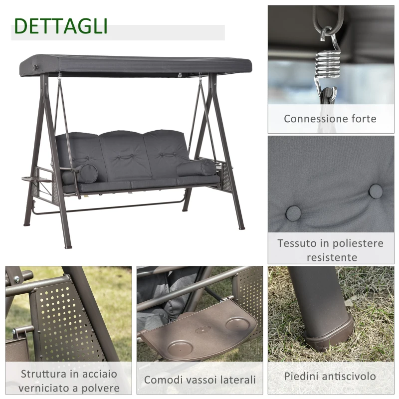 Outsunny Dondolo da Giardino 3 Posti con Tetto Regolabile, Portabicchieri e Cuscini, 208x120x172 cm, Grigio