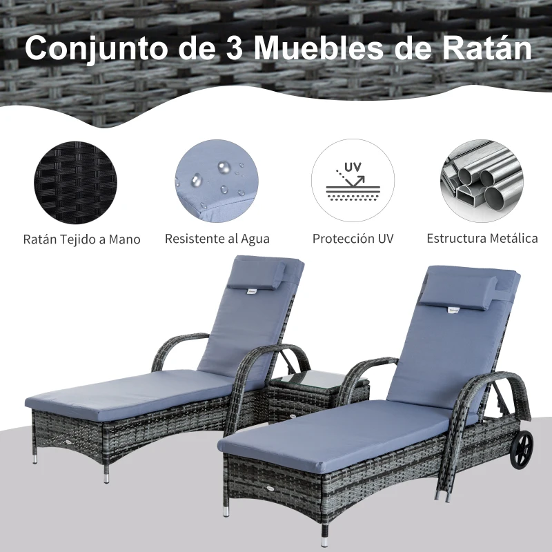 Outsunny Conjunto de 2 Tumbonas con Cojín y Respaldo Ajustable 5 Posiciones y 1 Mesita de Ratán Sintético Color Gris