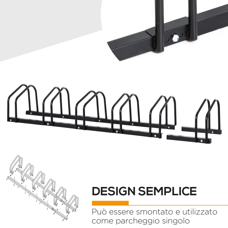 HOMCOM Rastrelliera Portabiciclette Parcheggio per 6 Biciclette in Acciaio, 179x33x27 cm, Nero