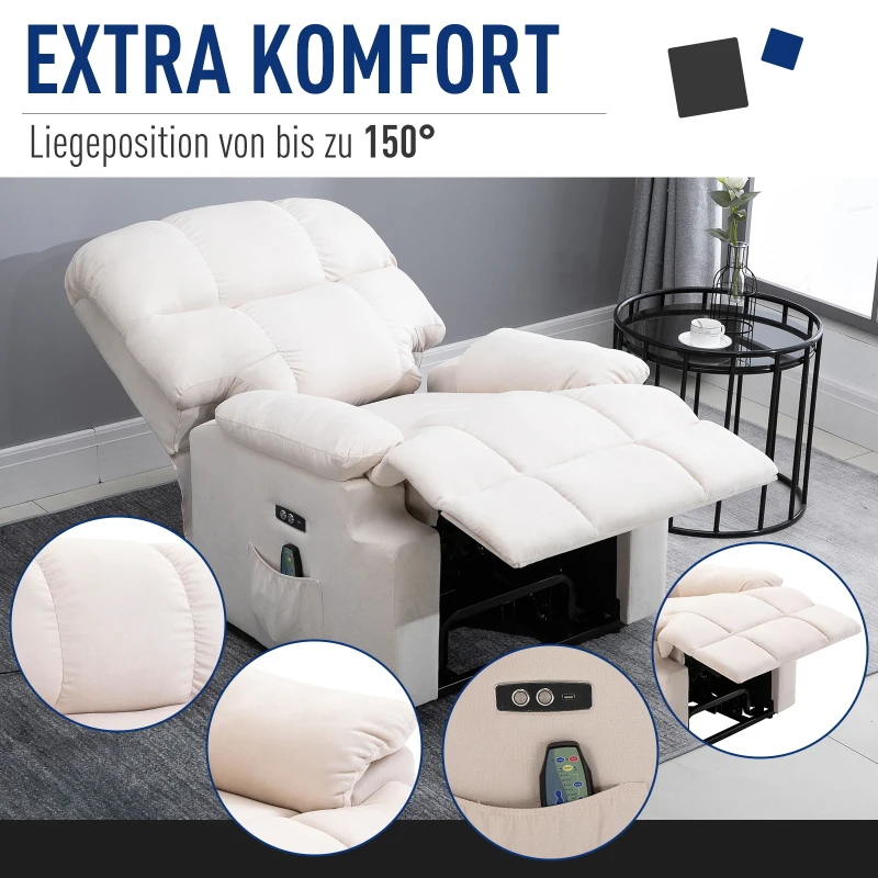 HOMCOM Sessel mit Aufstehhilfe, Massagesessel, Relaxsessel mit USB-Anschluss, Fernsehsessel mit Fernbedienung, Seitentasche, Neigebarer TV-Sessel mit Samtoptik, Beige