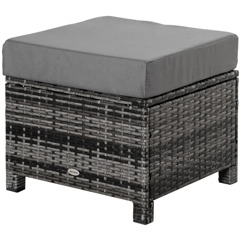 Outsunny Rattan Footstool Wicker Ottoman with Padded Seat Cushion Outdoor Patio Furniture for Garden Poolside Living Room, 50 x 50 x 35 cm, Grey
