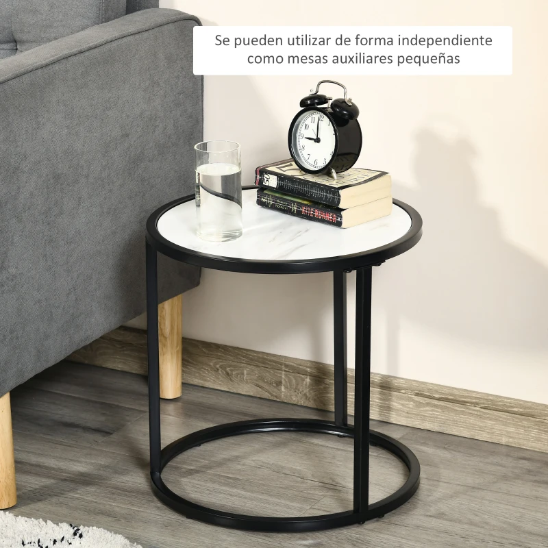 HOMCOM Juego de 2 Mesas Auxiliares Redondas Apilables Mesas Nidos con Encimera en Efecto de Mármol Ø60x46 cm y Ø40x40 cm Blanco
