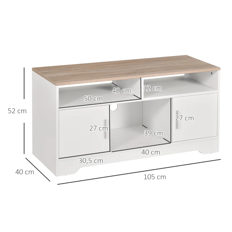 HOMCOM Meuble TV Banc TV en Bois Grand Espace de Rangement avec 2 Compartiments Ouverts 2 Armoires à Porte Une Armoire Ouverte 105 x 40 x 52 cm Blanc